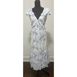 NWT Rebellion Again Blue White Floral Maxi Dress Ruffle Size L Open Back Tie